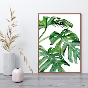 Tropical Green Leaf Wall Art Prints, Set of 3 Prints, Watercolor Green Leaf Print, Botanical Wall Art, Printable Wall Art, Digital Download image 3