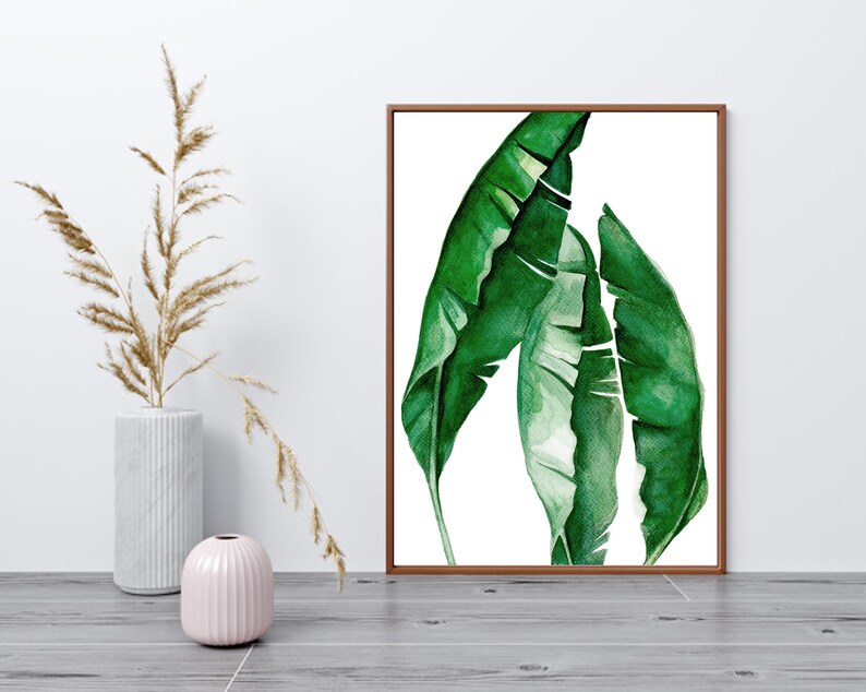 Tropical Green Leaf Wall Art Prints, Set of 3 Prints, Watercolor Green Leaf Print, Botanical Wall Art, Printable Wall Art, Digital Download image 4