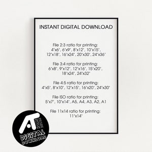 May include: A black and white graphic with the text "INSTANT DIGITAL DOWNLOAD" and a list of file sizes and ratios for printing. The file sizes are listed in inches and include 2:3, 3:4, 4:5, ISO, and 11x14 ratios.