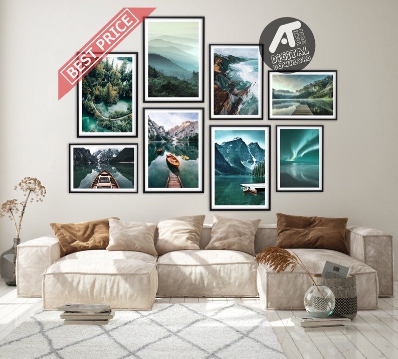 Landscape Wall Art Prints, Nature Photography, Blue Lake, Green Forest Mountain, Unique Wall Decor, Gallery Wall Set, Digital Download image 1