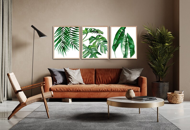 Tropical Green Leaf Wall Art Prints, Set of 3 Prints, Watercolor Green Leaf Print, Botanical Wall Art, Printable Wall Art, Digital Download image 2
