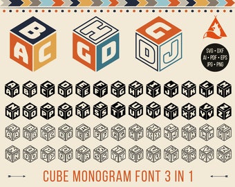 Cube font Svg Cube Monogram Font Svg Cube Alphabet Svg Block font Svg Block monogram Svg Square Inline Letters Svg 3D Initials Svg Dxf Png