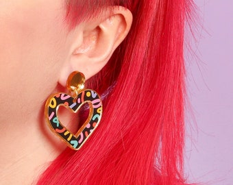 Heart shaped earrings, patterned earrings, acrylic earring, black heart earrings, statement earrings, heart earrings