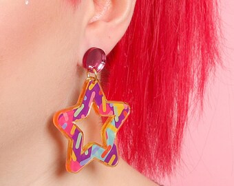 Acrylic star earrings, large colourful statement earrings