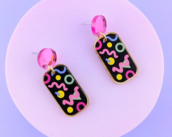 Small dangle earrings- Black retro  geometric pattern