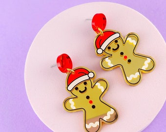 Christmas Gingerbread Man Earrings, acrylic Christmas earrings, mirrored gold acrylic earrings