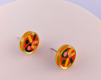 Fun Stud Earrings - Mirrored Gold Acrylic Circle Design - Colorful Pattern