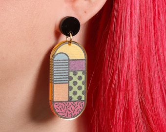 Graphic pattern earrings , acrylic earrings, colourful earrings, geometric shapes earrings