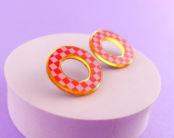 Red and pink acrylic earrings, circle shaped large stud earrings, checkered pattern