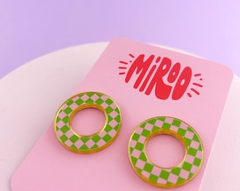 Large open circle studs, pink & green checkered hoops. Colourful stud earrings, Circle stud post earrings