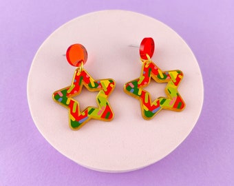 Acrylic Christmas Star earrings, colourful festive earrings