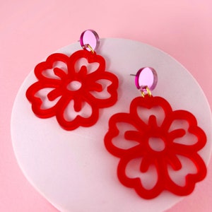 Red Acrylic Flower earrings, big flower earrings. Flower jewellery, large red earrings, red & pink earrings