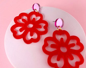 Red Acrylic Flower earrings, big flower earrings. Flower jewellery, large red earrings, red & pink earrings