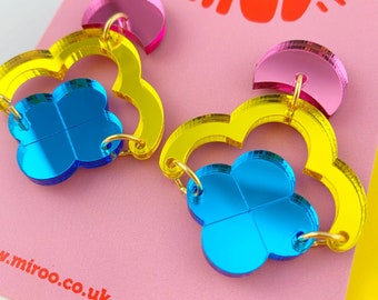 Mirror acrylic earrings in pink, yellow and blue