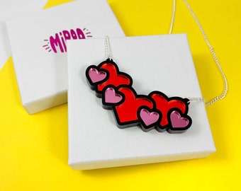 Acrylic Hearts necklace- red heart necklace- red & pink jewellery