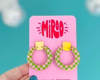 Pink and green earrings- acrylic checkerboard earrings