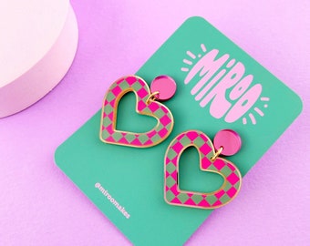 Pink & turquoise heart acrylic earrings checkered pattern