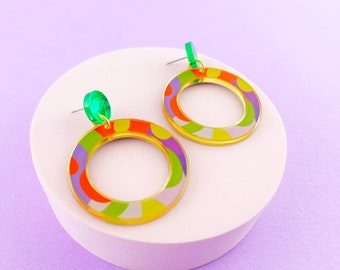 Large colourful hoop earrings. Big dangle earrings with colourful pattern