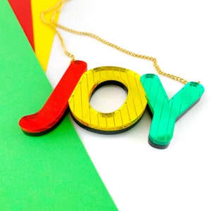 JOY word necklace, colourful statement necklace, acrylic necklace, mirrored acrylic jewellery