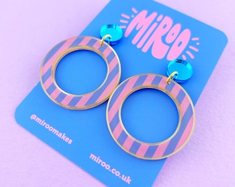 Pink & blue striped earrings, fun acrylic earrings