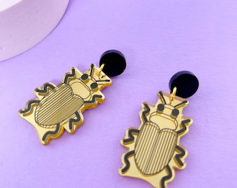 Gold Beatle earrings - acrylic big earrings