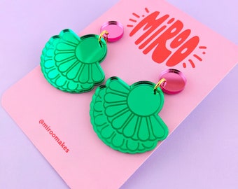 pink and green earrings fan earrings, mirrored green acrylic earrings, big earrings, statement earrings, mirrored acrylic