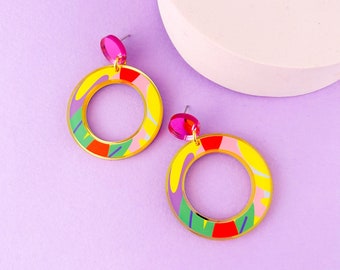 Colourful pattern acrylic circle earrings