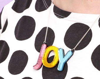 JOY word necklace, colourful statement necklace, acrylic necklace, mirrored acrylic jewellery, festival necklace