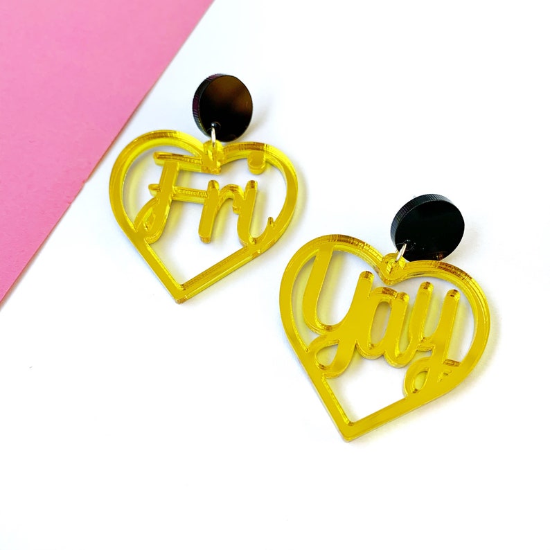large earrings acrylic jewellery big yellow earrings plastic jewellery Fri-Yay acrylic earrings slogan earrings statement earrings