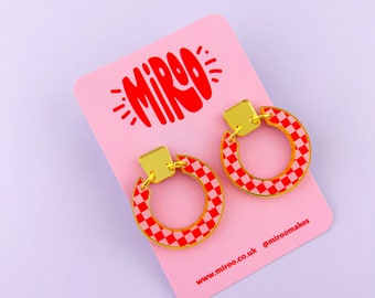 Pink and Red Checkerboard Pattern Acrylic Earrings | Statement jewellery for a Fun and Quirky Style