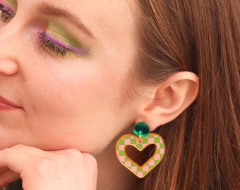 Heart earrings with checkerboard pattern- pink & green