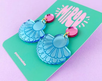 Blue and pink acrylic earrings, mirrored acrylic earrings, big statement earrings