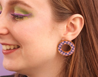 Pink and blue checkered pattern earrings, circle shapes earrings, big studs