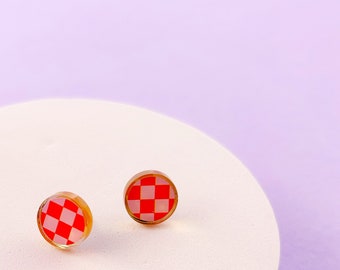 Pink & red stud earrings, fun studs with checkerboard pattern.