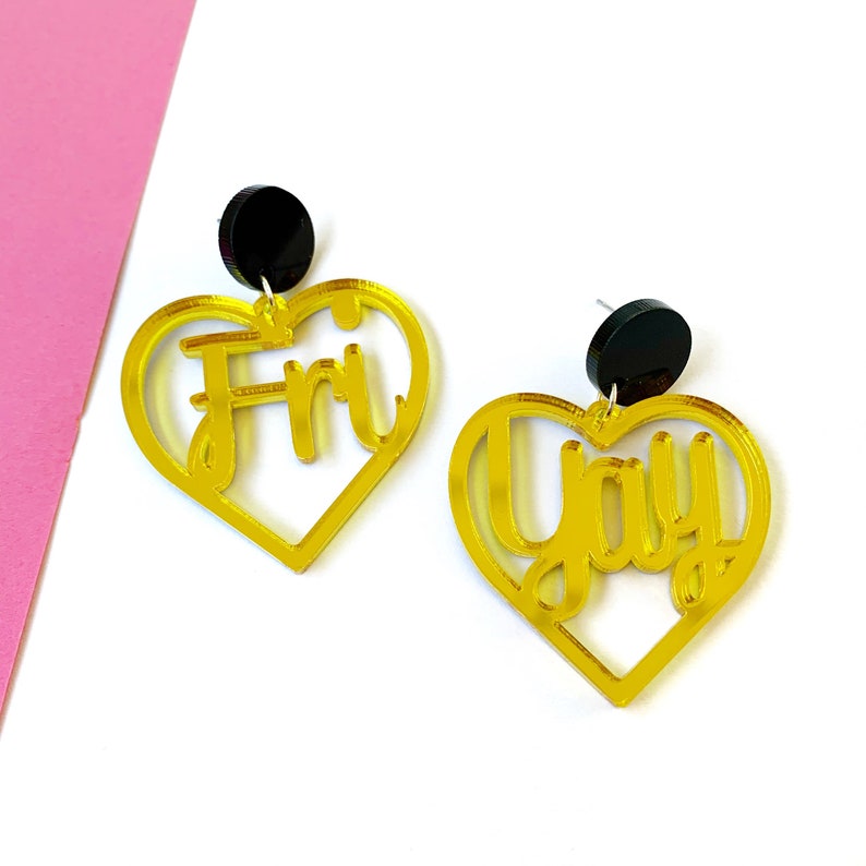 large earrings acrylic jewellery big yellow earrings plastic jewellery Fri-Yay acrylic earrings slogan earrings statement earrings