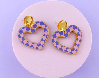 Checkerboard patterned earrings, pink and blue earrings, checkerboard earrings, statement earrings, acrylic earrings, heart shaped earrings