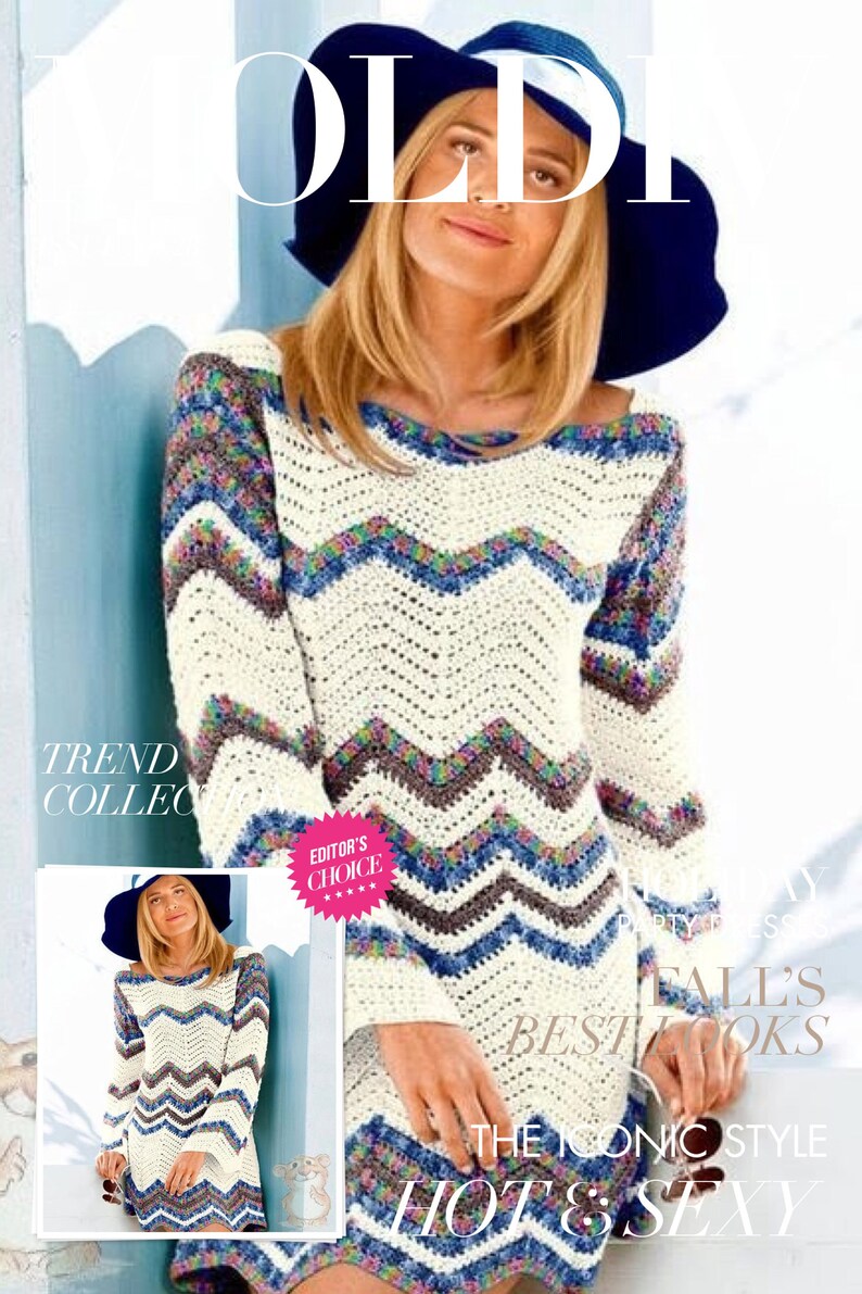 Schemas and international diagrams with technical design explanation in photo,PDF format Model crochet woman/'s tunic dress