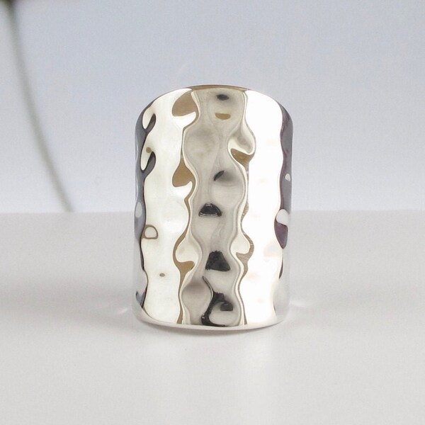 Hammered Sterling Silver Statement Ring: Wide Dimpled Band