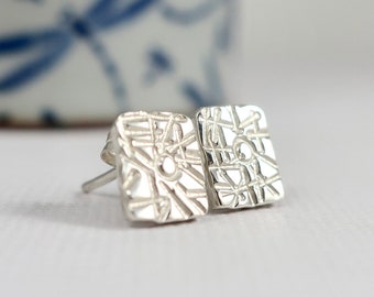 Simple abstract geometric silver earrings, solid silver stamped studs