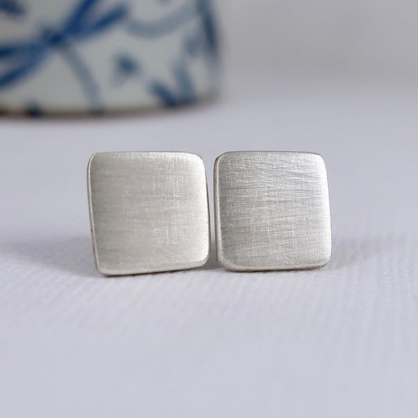Large square sterling silver stud earrings, recycled sterling silver