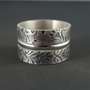 Floral silver statement ring stack, wide oxidised recycled sterling silver stacking rings, boho style