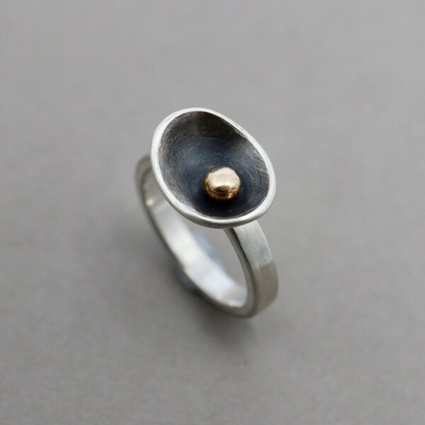 Handmade sterling silver oxidised ring with gold ball, ready-to-ship, size 7 US (N1/2 UK/Aus), eco friendly domed silver statement ring