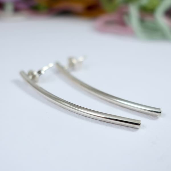 Sterling silver bar earrings, sleek long curved sterling silver studs