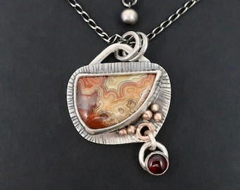 Lace agate and garnet sterling silver and gold pendant, handmade sterling silver agate necklace, recycled silver, oxidised
