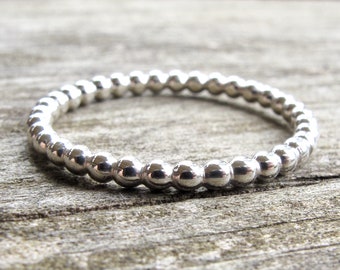 Beaded sterling silver ring, dotted 2 mm wide solid silver ball stacking ring