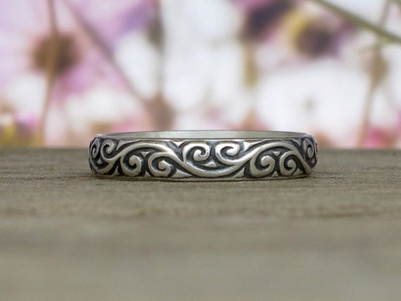 Vintage Style Swirl Pattern Sterling Silver Ring Affordable Wedding Band or Stacking Ring Etsy