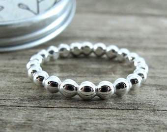 Thick beaded sterling silver ring, dotted 3 mm wide solid silver ball ring