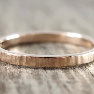 Matt finish hammered rose gold ring, solid recycled 9 ct gold wedding band, 2.5 mm stacking ring
