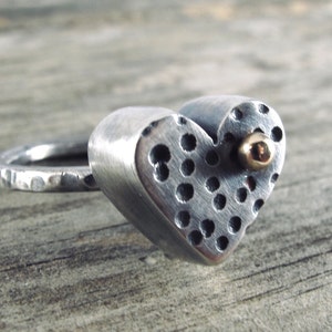 Silver and gold heart ring, hollow form, recycled silver, oxidised, with gold ball, OOAK