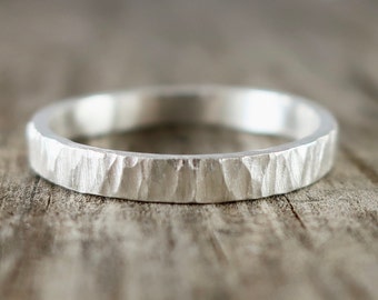 Matt finish sterling silver hammered ring, 3mm wide silver wedding band or stacking ring